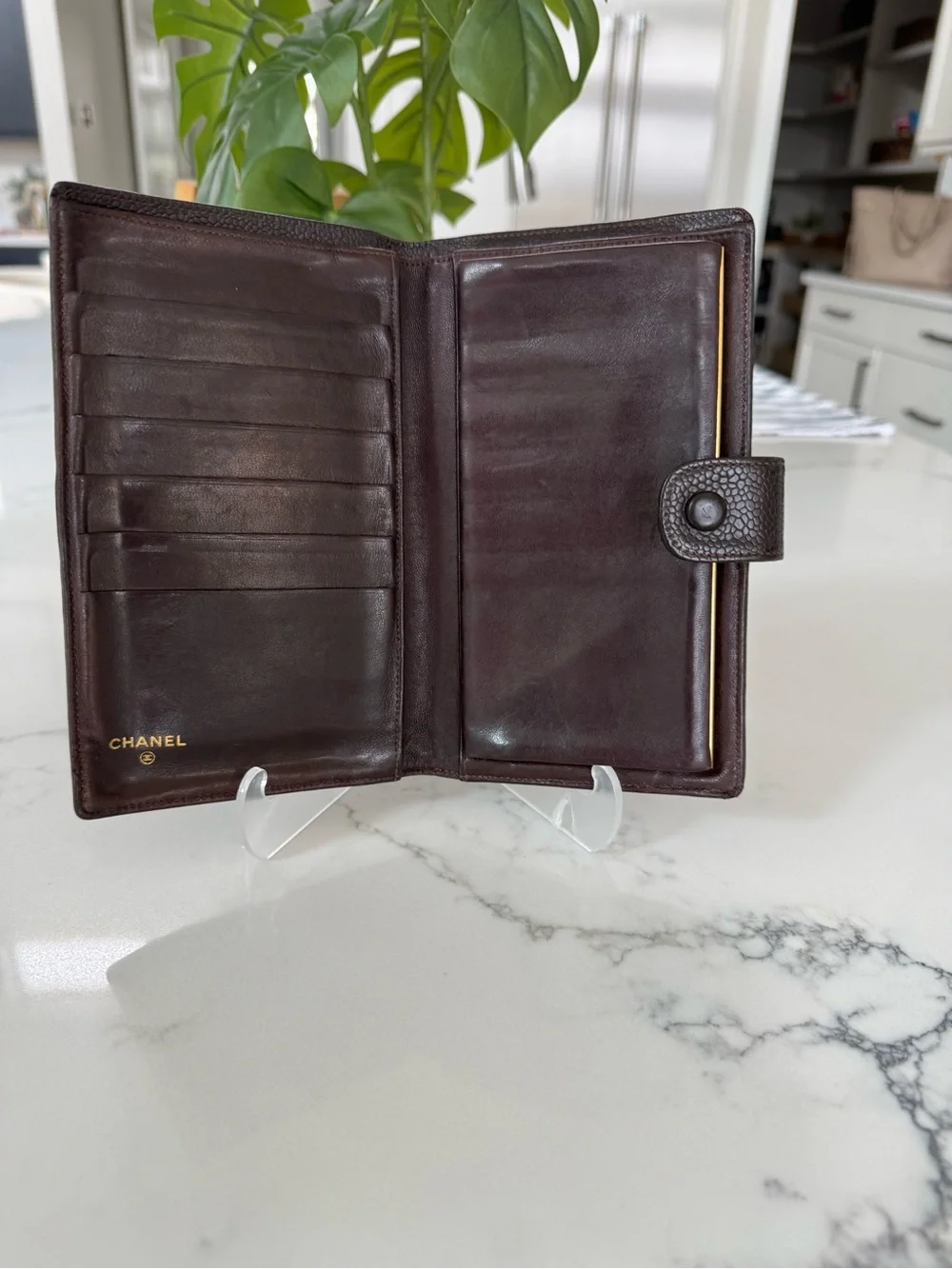 CHANEL Dark Brown Quilted Caviar Leather Wallet with CC Logo